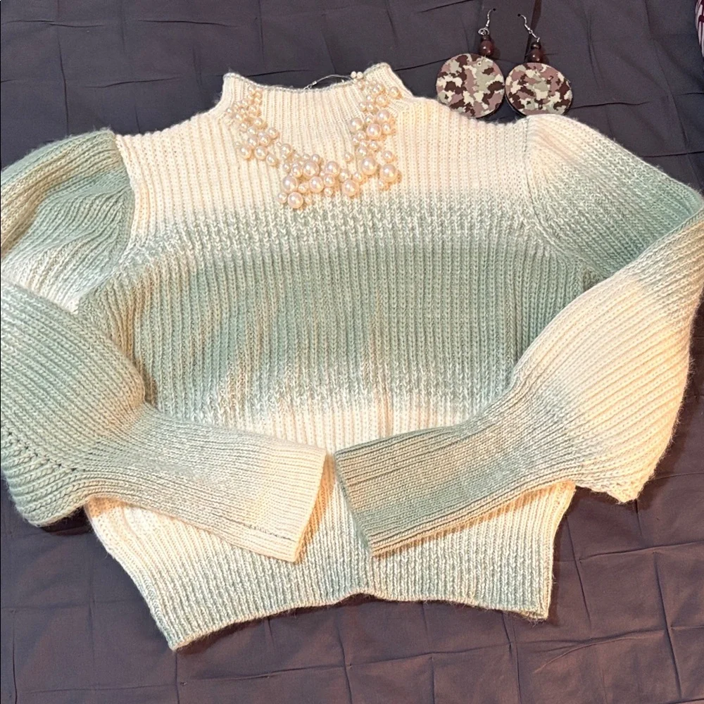 It's Our Time Cream and Green Turtleneck Sweater - Picture 7 of 12